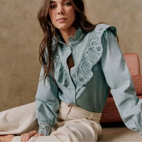 Sezane Desiree Button Down Blouse Chic Lace-Trimmed Blouse in Soft Blue - Picture 1 of 7